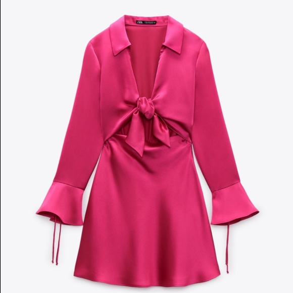 Zara ❤️ Bloggers Favorite Fuchsia Satin Effect Bow Detail Cut Out Mini Dress - Picture 9 of 12